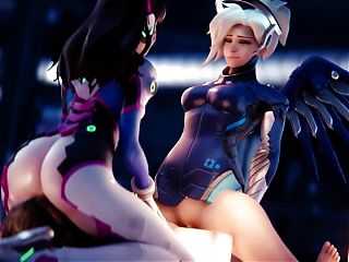 D.Va Getting Eaten Out While Mercy Rides Cock