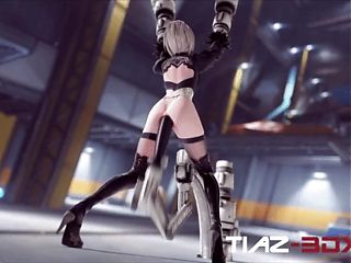 2B Held in a Fucking Machine With a Massive Dildo